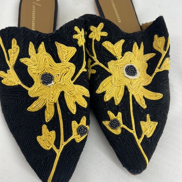 Anthropologie Black Gold Embroidery Fabric Mules - Picture 4 of 9